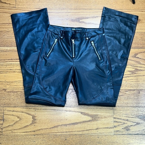 Zara Denim - Zara Black Grunge Leather Low Rise Wide Leg Biker Pants CC